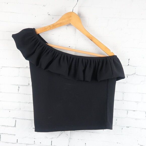 H&M BLACK ONE SHOULDER RUFFLE CROPPED TOP SIZE MEDIUM - Picture 1 of 4